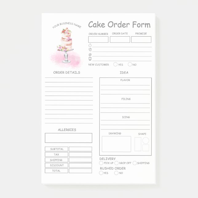 Custom  Bakery Cake Order Form Post-it Notes (Front)
