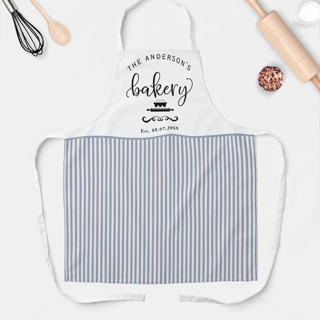 Custom, Bakery White and Blue Stripes Farmhouse Apron (Creator Uploaded)