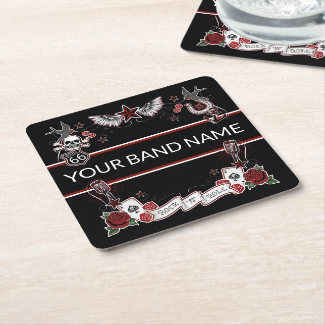 Custom Band Merch Rockabilly Tattoo Rock Music Square Paper Coaster (Angled)