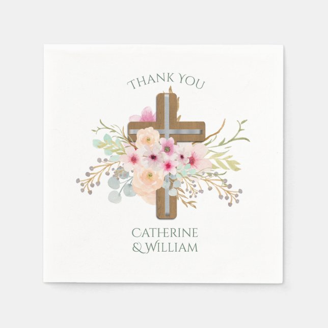 Custom Baptism Communion Confirmation Floral Cross Napkin (Front)