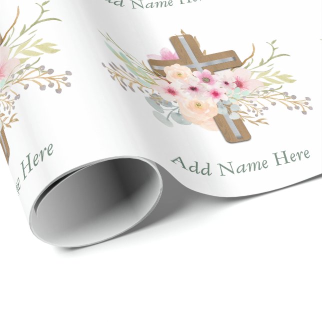 Custom Baptism Communion Confirmation Floral Cross Wrapping Paper (Roll Corner)
