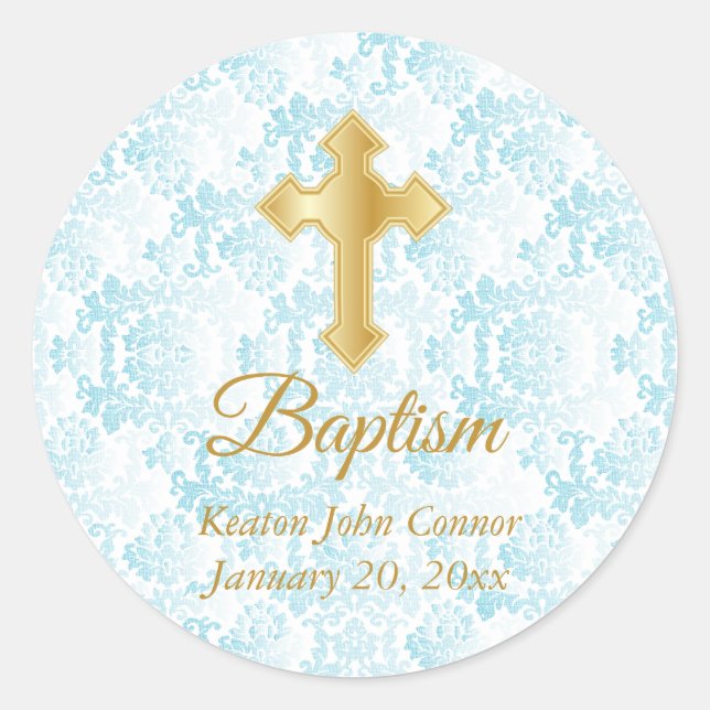Custom Baptism in Blue, White Damask and Gold Classic Round Sticker (Front)