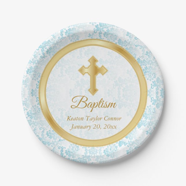 Custom Baptism in Blue, White Damask and Gold Paper Plate (Front)