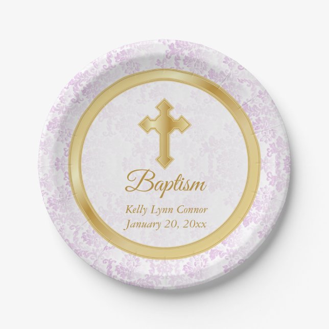 Custom Baptism in Pink, White Damask and Gold Paper Plate (Front)