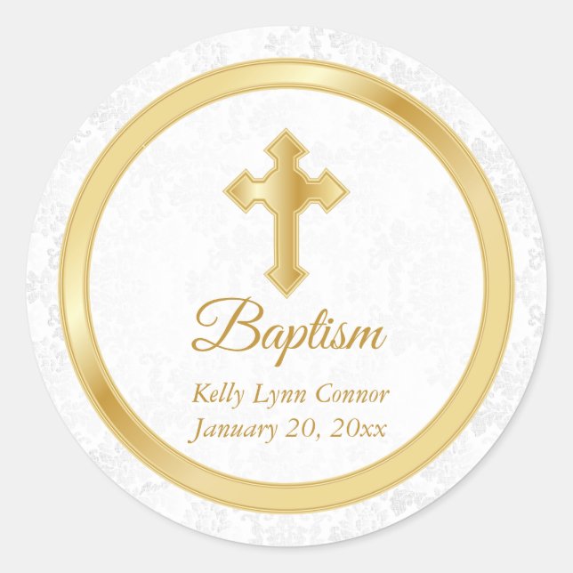 Custom Baptism in  Pretty White Damask & Gold 2 Classic Round Sticker (Front)