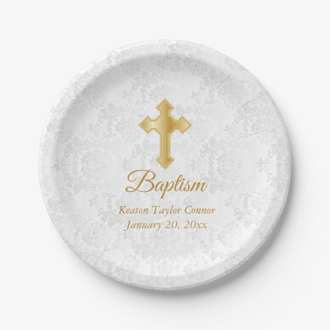 Custom Baptism in White Damask and Gold Paper Plate (Front)