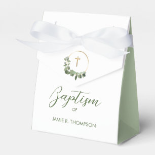 Custom Baptism Modern Green Wreath gold cross Favor Box