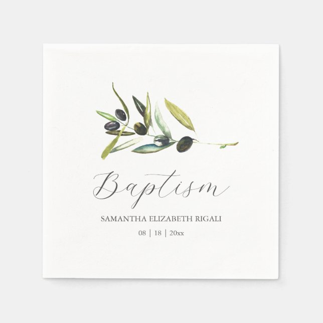 Custom Baptism Napkins Simple Olive Branch (Front)