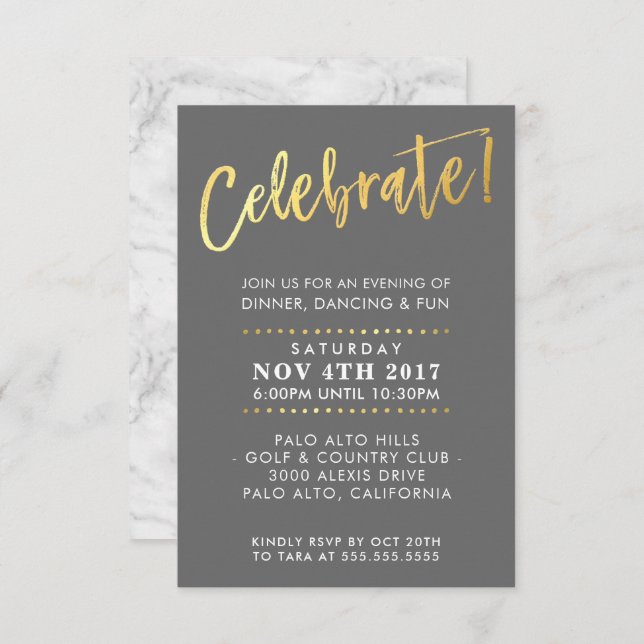 CUSTOM Bar Mitzvah enclosure party grey + gold Invitation (Front/Back)