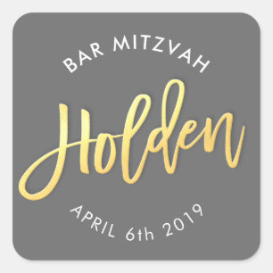 CUSTOM Bar Mitzvah for Holden grey + faux gold Square Sticker