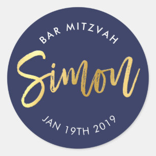 CUSTOM Bar Mitzvah for Simon navy + gold Classic Round Sticker