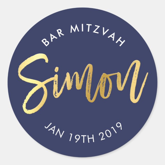 CUSTOM Bar Mitzvah for Simon navy + gold Classic Round Sticker (Front)