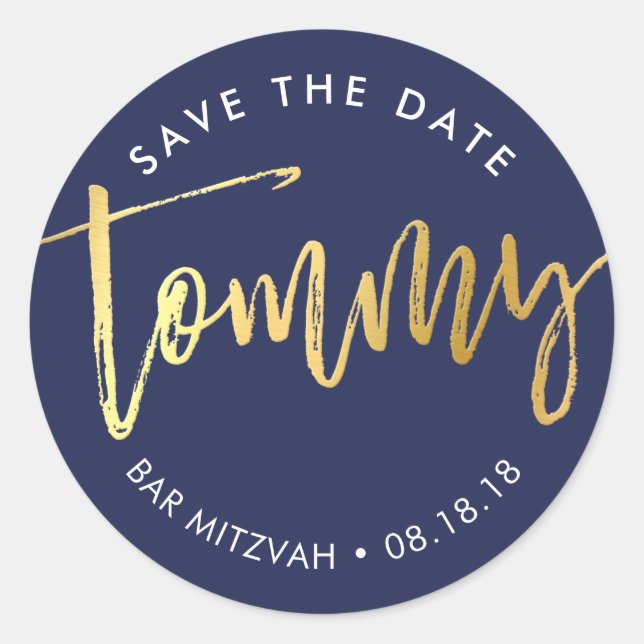 CUSTOM Bar Mitzvah for Tommy navy + gold Classic Round Sticker (Front)