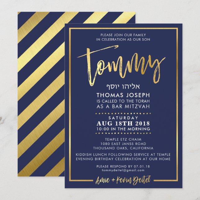 CUSTOM Bar Mitzvah Invitation pour Tommy navy + or (Devant / Derrière)