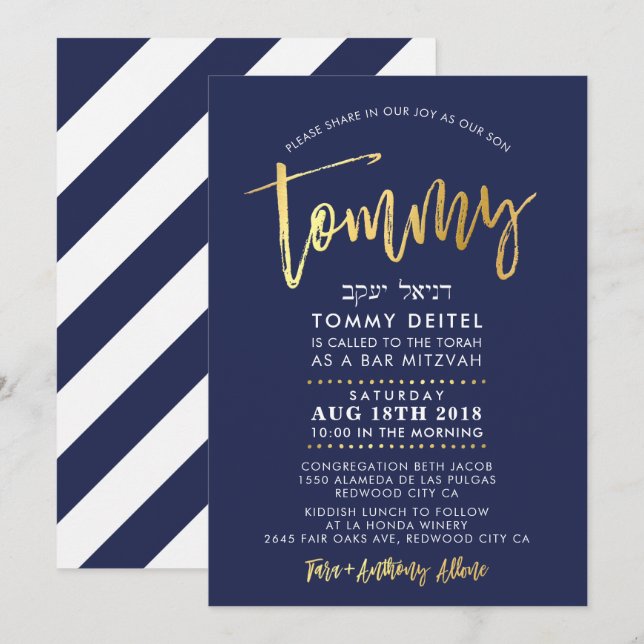 CUSTOM Bar Mitzvah Invitation pour Tommy navy + or (Devant / Derrière)