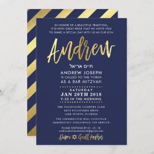 CUSTOM Bar Mitzvah Invite for Andrew navy + gold