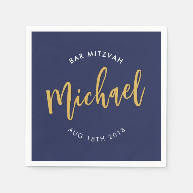 CUSTOM Bar Mitzvah lunch navy gold calligraphy Napkin (Front)