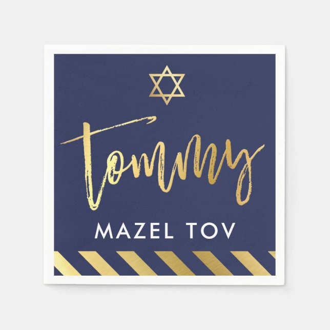 CUSTOM Bar Mitzvah mazel tov for Tommy navy + gold Napkin (Front)