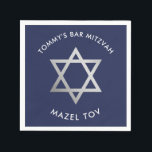 CUSTOM Bar Mitzvah mazel tov star navy   silver Napkin<br><div class="desc">by kat massard >>> WWW.SIMPLYSWEETPAPERIE.COM <<<
The silver star is a picture of silver foil - and not actually shiny silver.</div>