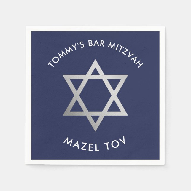 CUSTOM Bar Mitzvah mazel tov star navy + silver Napkin (Front)