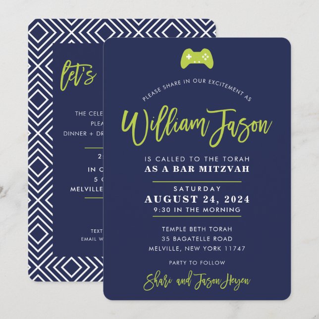 CUSTOM Bar Mitzvah modern contoller navy lime Invitation (Front/Back)