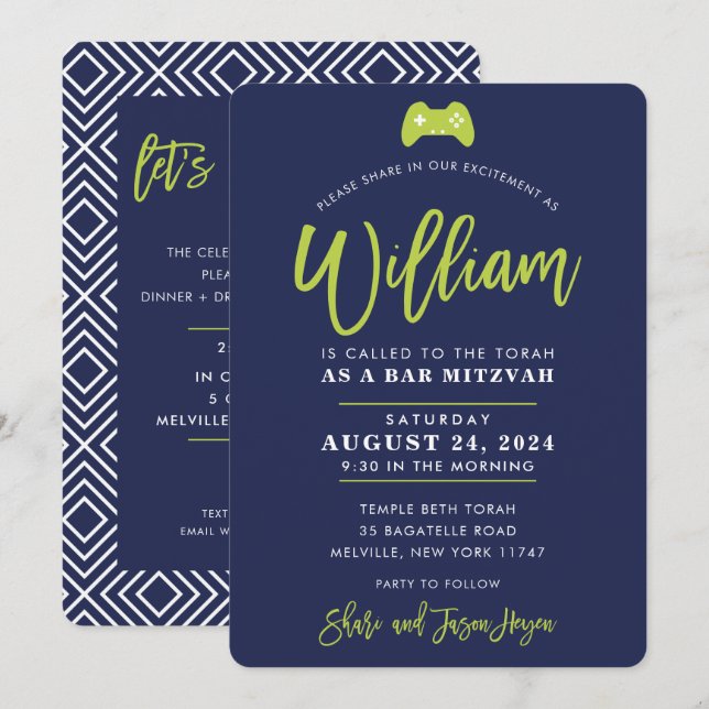 CUSTOM Bar Mitzvah modern gaming navy lime WILLIAM Invitation (Front/Back)