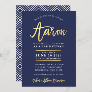CUSTOM Bar Mitzvah modern navy + gold name AARON Invitation