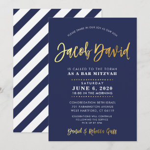 CUSTOM Bar Mitzvah modern navy + gold name JACOB Invitation