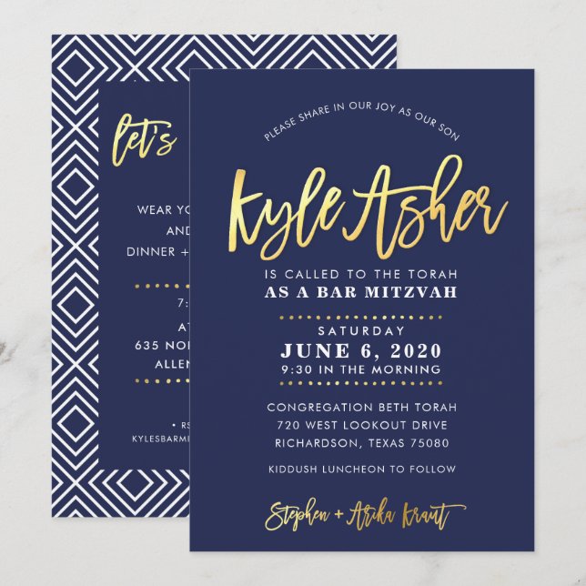 CUSTOM Bar Mitzvah modern navy + gold name KYLE Invitation (Front/Back)