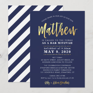 CUSTOM Bar Mitzvah modern navy + gold name MATTHEW Invitation