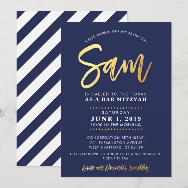 CUSTOM Bar Mitzvah modern navy + gold name SAM Invitation (Front/Back)