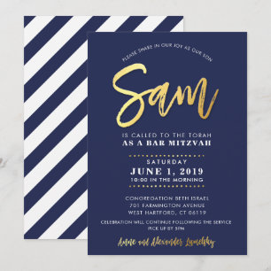 CUSTOM Bar Mitzvah modern navy + gold name SAM Invitation