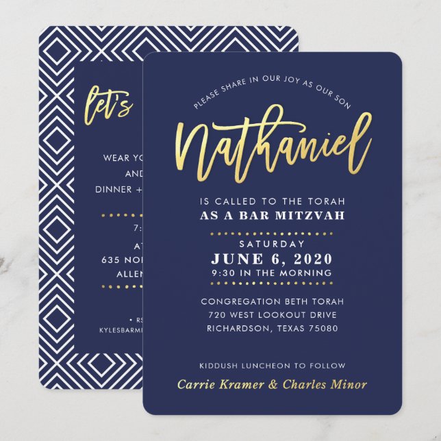 CUSTOM Bar Mitzvah modern navy gold NATHANIEL  Invitation (Front/Back)