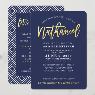 CUSTOM Bar Mitzvah modern navy gold NATHANIEL  Invitation
