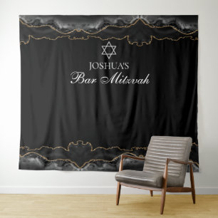 Custom Bar Mitzvah Party Black Gold Photo Booth Tapestry
