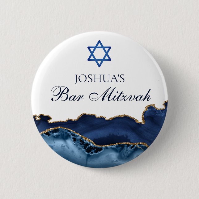 Custom Bar Mitzvah Party Navy Blue Gold Agate 2 Inch Round Button (Front)