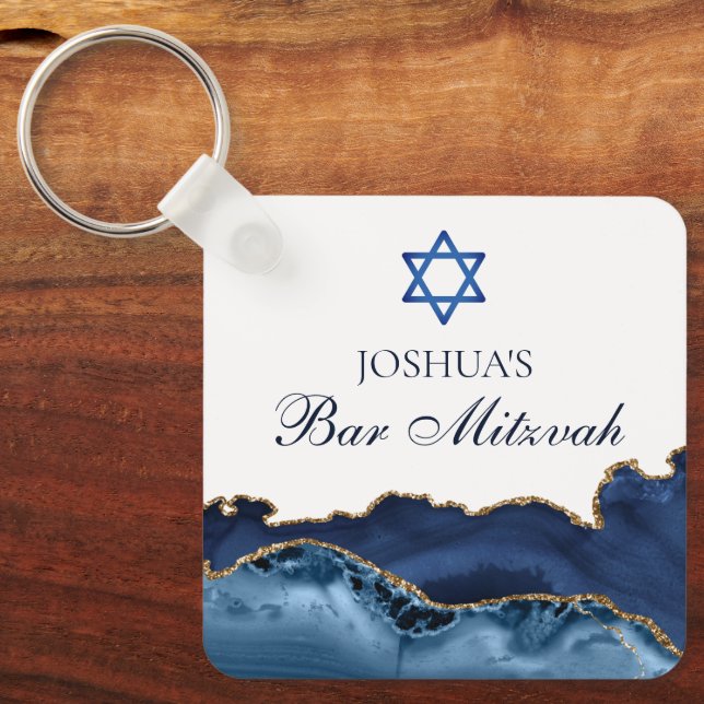 Custom Bar Mitzvah Party Navy Blue Gold Agate Keychain (Front)