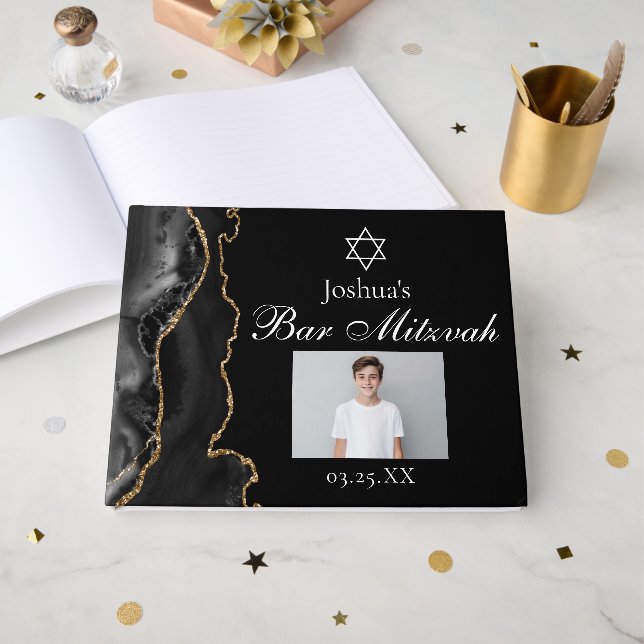 Custom Bar Mitzvah Party Photo Black Gold Guest Book (Front Open)