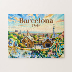Custom Barcelona Spain Watercolor Park Guell Retro Jigsaw Puzzle