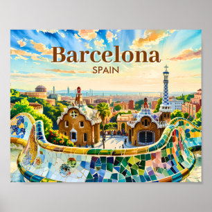 Custom Barcelona Spain Watercolor Park Guell Retro Poster