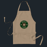 Custom barista apron for coffee shop café or bar<br><div class="desc">Custom barista apron for coffee shop, café, restaurant, pub or bar. Personalized kitchen aprons for men and women. Round green and brown company logo with cup and coffee beans icon. Cute design for cafe owner, employees, personnel, staff, co workers, boss, dad, mom uncle, grandpa, friend etc. BBQ aprons in khaki...</div>