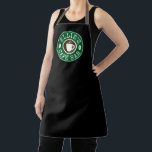 Custom barista aprons for coffee shop café or bar<br><div class="desc">Custom barista aprons for coffee shop, café, restaurant, pub or bar. Personalized kitchen aprons for men and women. Round green and brown company logo with cup and coffee beans icon. Cute design for cafe owner, employees, personnel, staff, co workers, boss, dad, mom uncle, grandpa, friend, bartender etc. BBQ aprons in...</div>