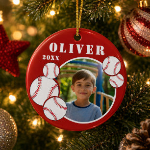 Custom Baseball Ball Red Sports Photo Ceramic Ornament
