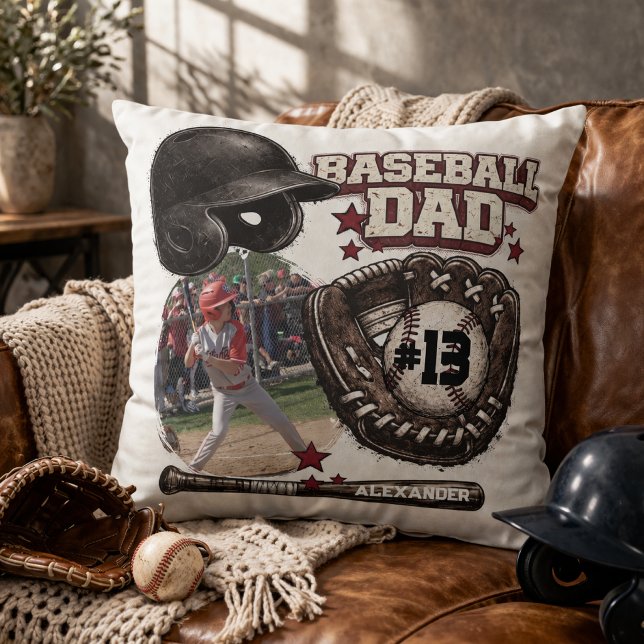 Custom Baseball Dad Photo Name Throw Pillow (Creator Uploaded)