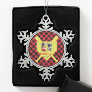 Custom Baseball Name, Photo Collage Snowflake Pewter Christmas Ornament