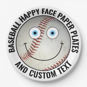 Custom Baseball Party BLUE EYES Happy Face Paper Plate