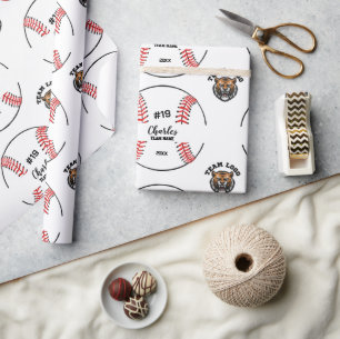 Custom Baseball Player Name Number and Team Logo Wrapping Paper