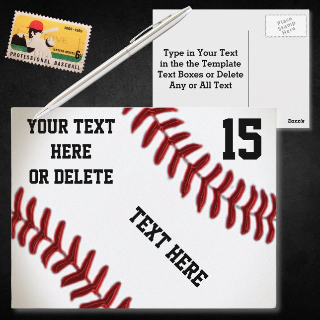 Custom Baseball Postcards with 4 Text Boxes (Baseball Postcards. Personalized baseball invitations. Cheap, Baseball party invitations, birthday.)