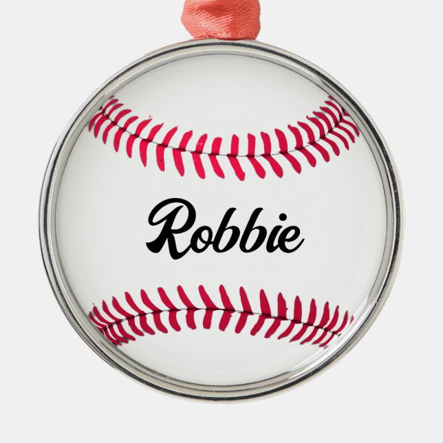 Custom baseball red white personalized metal ornament (Front)