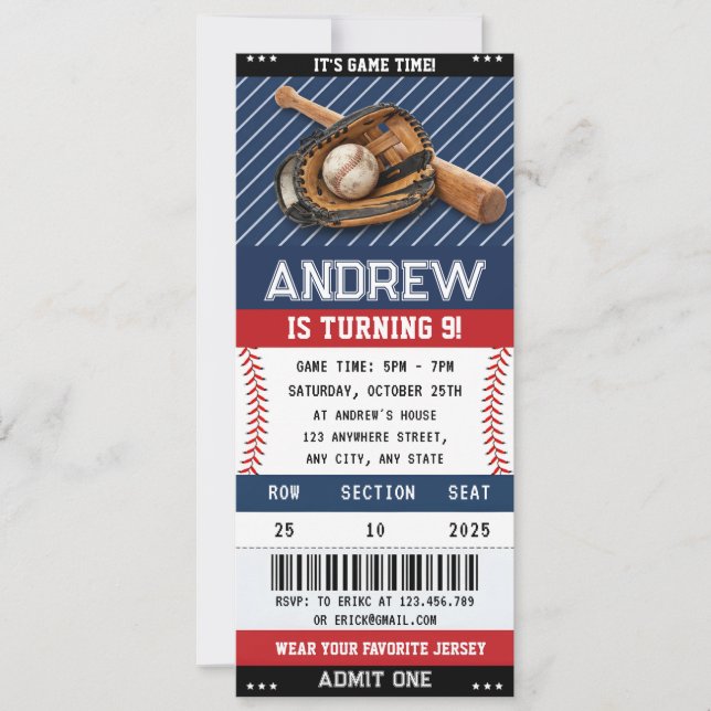 Custom Baseball Ticket Birthday with photo for boy Invitation (Front)
